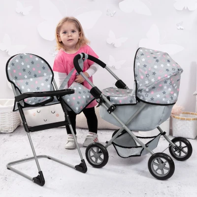 Afbeelding van Cosy Poppenwagen set, opvouwbaar, zachte handgreep, met kinderstoel, tas, grijs