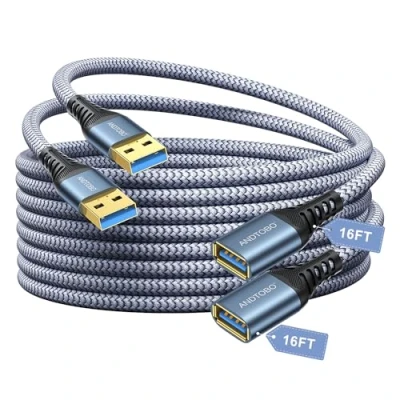 Afbeelding van 2 stuks USB 3.0 verlengkabel type A stekker naar bus 5 m high speed gegevensoverdracht Gbps compatibel met gamepad, printer, webcam, toetsenbord, stick, harde schijf