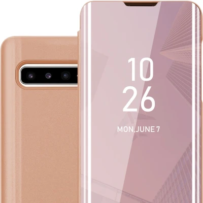 Afbeelding van Cadorabo Hoesje geschikt voor Samsung Galaxy S10 5G in KUNZIET ROZE Clear View Spiegel Beschermende Case met Tribunefunctie 360 Graden Bescherming Book Cover Etui