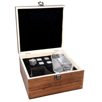Afbeelding van VB VIN BOUQUET Fia 1366 Whiskyset in houten doos, 6 stenen kubussen om te koelen + 2 elegante zeshoekige glazen glazen, perfect als cadeau