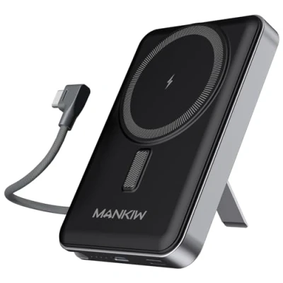 Afbeelding van MANKIW Externe batterij voor MagSafe, 10.000 mAh, 22,5 W, magnetisch, draadloos, snel opladen, met verstelbare houder, geïntegreerde USB C kabel, compatibel iPhone 16/15/14/13/12