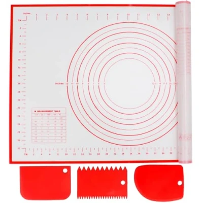Afbeelding van Alyvisun Siliconen bakmat met 3 schrapers, 60 x 40 cm, anti aanbaklaag, pizza accessoires, antislip, rollade voor cake, taart, brood (rood)