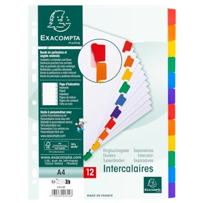 Afbeelding van Exacompta Referentie. 2312E register van wit karton 160 g/m² FSC® met 12 kleurneutrale tabs versterkt en gelamineerd indexeringspagina bedrukbaar formaat A4