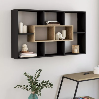 Image de Etagère murale COLETTE avec 8 compartiments noir et effet bois