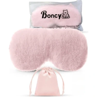 Afbeelding van Boncy Verstelbaar Zijde Slaapmasker met Opbergzakje Roze Fluffy Oogmasker Slaapmaskers Vrouwen en Mannen