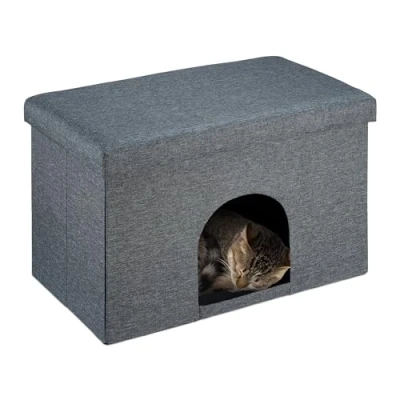 Afbeelding van Relaxdays opvouwbare kattenpoef kattenholletje kattenmand uitneembaar matje deksel