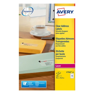 Image de Avery zweckform L7562 25 étiquettes transparentes 99,1 x 33,9 mm (400 pièces)