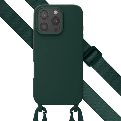 Afbeelding van Selencia hoesje Geschikt voor iPhone 16 Pro met koord Siliconen afneembaar Donkergroen