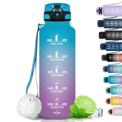 Image de Grsta Gourde pour le sport, 1,5 l, sans BPA, convient aux boissons gazeuses, anti fuite, avec filtre et marqueur de temps vélo, fitness, bureau extérieur