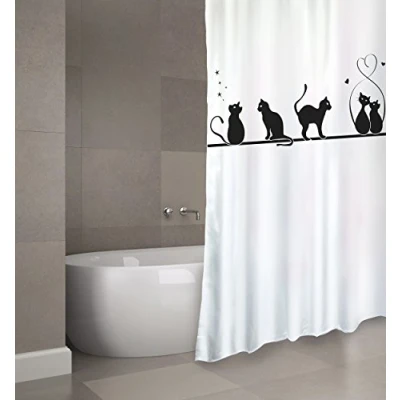 Afbeelding van MSV Douchegordijn, polyester, kat, 180 x 200 cm, premium kwaliteit, zwart en wit, inclusief ringen