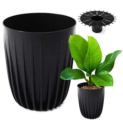 Afbeelding van Konzept 11 Bloempot, hoog, 25 cm diameter, grote bloempot voor buiten, balkon, plantenbak met inzetstuk, zwart