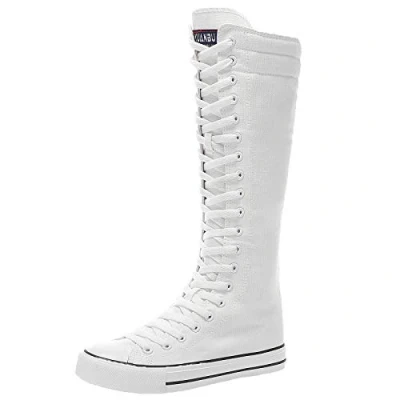 Afbeelding van ANUFER meisjes, dames, knie, hoge laarzen van zeildoek, veters, platte ritssluiting, sportschoenen, Wit.