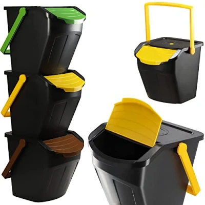 Afbeelding van KADAX Recycling emmer, 25 liter afvalemmer/prullenbak met deksel afvalemmerset voor gemakkelijke afvalscheiding, afvalverzamelaar, afvalscheider biologisch afval, papier, glas 3x25L