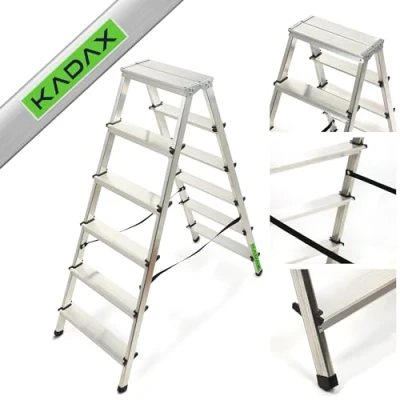Afbeelding van KADAX Huishoudladder, trapladder in 5 versies, opklapbare traptrap met draagvermogen tot 125 kg, dubbelzijdige multifunctionele ladder, aluminium ladder antislip voeten (6 treden)