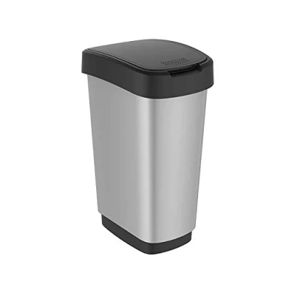 Afbeelding van Rotho Twist afvalemmer met deksel, 25 l, kan als schommel of klapdeksel worden gebruikt, kunststof (PP) BPA vrij, metallic zilver, l (33,3 x 25,2 47,6 cm)
