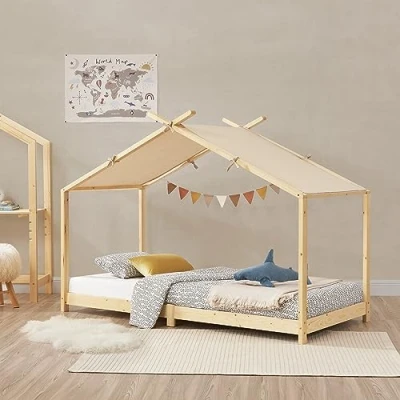 Afbeelding van Kinderbed Brome huisbed 90x200 cm houtkleurig en beige