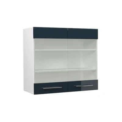 Afbeelding van Vicco Glazen keukenkast Fame Line, Donkerblauw hoogglans/Wit, 80 cm