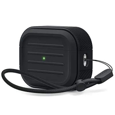 Afbeelding van elago Armor Case compatibel met AirPods Pro 2, 2e generatie, inclusief riem, ondersteunt draadloos opladen, schokbestendig, volledige bescherming (zwart)