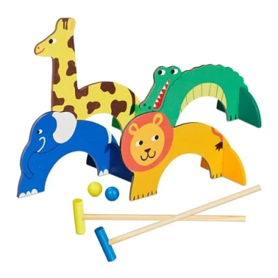 Afbeelding van Relaxdays croquet spel kinderen hout poortjes, ballen en hamers set voor 2 spelers