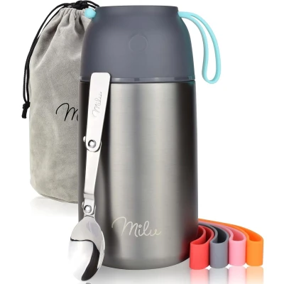 Afbeelding van Logeeyar Thermo voedselcontainer, geïsoleerd, 450 ml 650 800 warme maaltijd, van roestvrij staal, dubbellaags, voor school, kantoor met een opvouwbare lepel (800 ml/grijs)