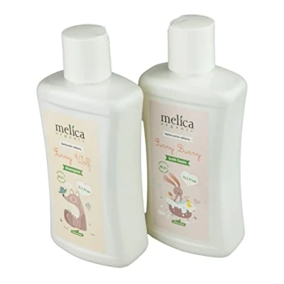 Afbeelding van MELICA ORGANIC BIO Biologisch BABY en KINDEREN BADSET 98,8% Natuurlijke SHAMPOO &quot;FUNNY WOLF&quot; met ALOE VERA EXTRACT 98,3% BADSCHUIM BUNNY&quot; FRUIT MIX Zonder Parabenen, SLS, SLES 600ml