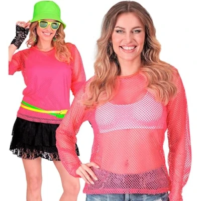Afbeelding van Widmann Jaren 80 &amp; 90 Kostuum Visnet Shirt Neon Roze Vrouw Small / Medium Carnavalskleding Verkleedkleding