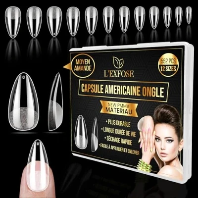 Image de L&#039;Exfose 552 pcs Capsule americaine ongle Amande 12 Tailles Hypoallergenique PMMA Moyen Faux Ongles Capsules for DIY Nail Art &amp; Salons Acrylique pose Semi Transparent Gel X