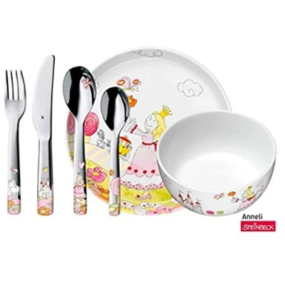 Afbeelding van WMF 1294159964 Kids Bestekset Prinses Anneli 6 delig, 1 kindervork, lepel en mes, kleine lepel, kom, bord, Cromargan® 18/10 RVS, Veilig, Ergonomisch, Vaatwasmachinebestendig, Vanaf 3 jaar