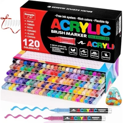 Afbeelding van Vakki Acrylviltstiften, 120 kleuren, acrylstiften met penseelpunt voor volwassenen, acrylverfmarkers kalligrafie, hout, canvas, glas, keramiek