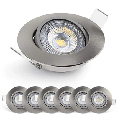 Afbeelding van Emos led inbouwspot, 230 V, 5 W/450 lm, 50 graden draaibaar, inbouwlamp, warmwit, 3000 K, 6 stuks plafondspots voor binnen, extra plat, rond, geborsteld zilver