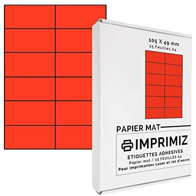 Afbeelding van 300 zelfklevende etiketten, fluorescerend, 105 x 49,5 mm, 12 etiketten/vellen, 25 vellen A4 papier, zelfklevend, voor laser en inkjetprinters