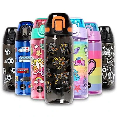 Afbeelding van Dinosaurus robot Fringoo zwart kinderwaterfles met rietje 100% lekvrij BPA vrij 600ml Sportfles voor kinderen