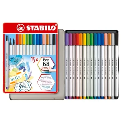 Afbeelding van STABILO Pen 68 Brush Premium Viltstift Met Flexibele Penseelpunt Metalen Etui 15 Verschillende Kleuren