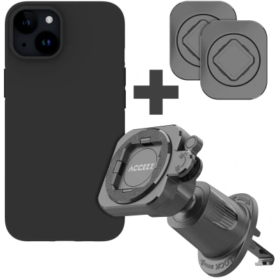 Afbeelding van Accezz EasyLock telefoonhouder auto inclusief hoesje voor de Apple iPhone 15 Ventilatierooster 360 graden draaibaar Zwart stickers + Color Backcover