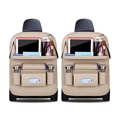 Afbeelding van Ergocar Organizers voor auto, kickmat, luxe PU leer, achterbankbescherming met opvouwbare tablethouder, waterdicht, auto organizer, opslag (beige, 2 stuks)