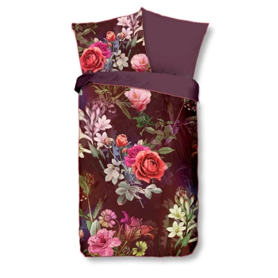 Afbeelding van Luxe Satijnen Dekbedovertrek 135x200 cm Bloemenprint Bordeaux 1 Persoons 100% Katoen Satijn