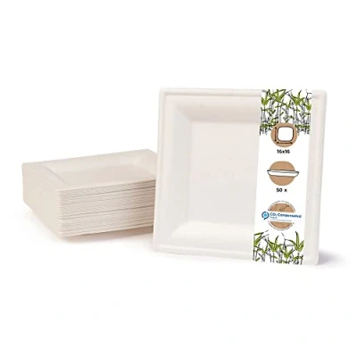 Image de Greenbox Vaisselle jetable en bagasse écologique 50 Assiettes carrées blanchies 16 x cm jetables de fête bio