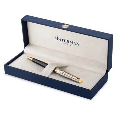 Afbeelding van Waterman Hémisphère balpen metaal en zwarte lak met gouden detail gebeitelde dop medium punt Geschenkdoos