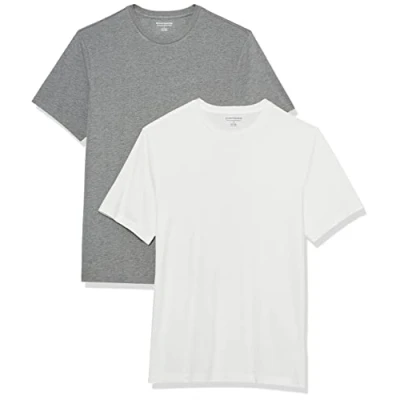 Image de Amazon Essentials Lot de 2 t shirts à manches courtes et col rond, pour homme, coupe ajustée, gris chiné/blanc, taille XL
