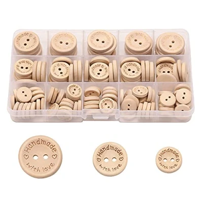Afbeelding van Naaiknoppen van hout, handgemaakt, met liefde voor naaien en knutselen, decoraties (150 stuks, 15/20/25 mm)