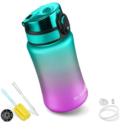 Afbeelding van Minny drinkfles voor kinderen, lekvrij, met rietje of zeef, 350 ml, 500 lichtgewicht Tritan drinkfles, BPA vrij, kleuterschool, school (paars, groen, ml)