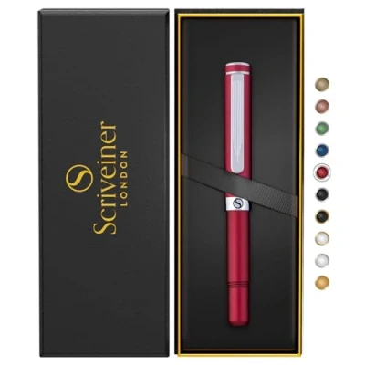 Afbeelding van Scriveiner Roller Red EDC Luxe pen, zware zakpen met chromen afwerking, aangename schrijfstift, cadeau voor mannen en vrouwen, Schmidt navulverpakking, kantoorpennenset