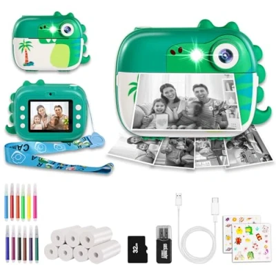 Afbeelding van ARNSSIEN instant camera, kindercamera met HD video voor kinderen van 3 tot 12 jaar, kerstcadeau meisjes en jongens, 7 rollen papier kaart 32 GB, M3