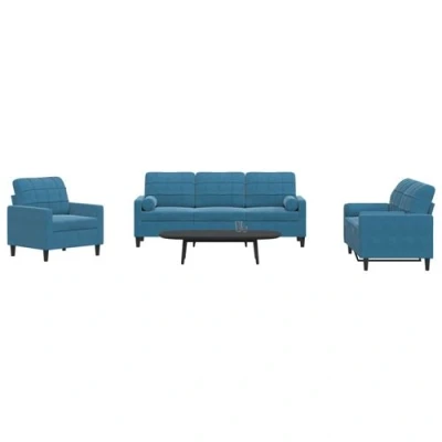 Image de vidaXL Ensemble de canapés 3pcs et coussins traversins bleu velours