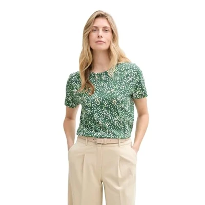 Image de TOM TAILOR T shirt basique pour femme en coton biologique, 37367 Structure multicolore à pois verts, L