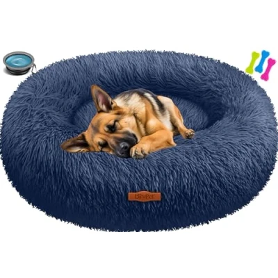 Afbeelding van LOVPET® Hondenbed / Hondenmand Hondenkussen Kattenbed Bagel, Afwasbaar, Incl. Kom + 3x Kauwbotjes, Hondenbank Pluche Kussen Rond Voor Kleine, Middelgrote &amp; Grote Honden, Katten 3XL (100 x 100 cm), Marineblauw
