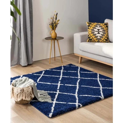 Afbeelding van Vierkant Hoogpolig Tapijt/Vloerkleed Ruiten Artisan Marineblauw/wit 140x140 Cm