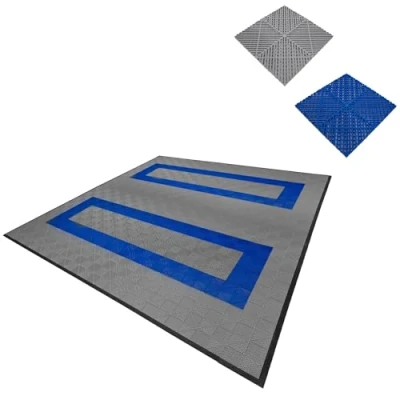 Afbeelding van Modulaire geventileerde kliktegels 165 grijs en 60 blauw 6m x 6m, polypropyleen, antislip, weerbestendig, 5 ton per tegel, inclusief randen, ideaal voor dubbele garage of werkplaatsen.
