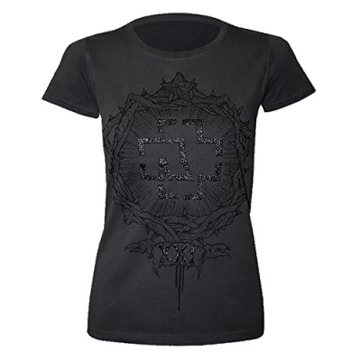 Afbeelding van Rammstein XXI T shirt voor dames, officieel product, zwart met zilveren metallic print op de voorkant, Houtskool.