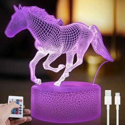 Afbeelding van Nachtlampje paard voor kinderen, 3D illusie, ledlamp kinderkamer, paarden, nachtlampje, afstandsbediening, 16 kleurveranderingen, dimbaar, cadeaus meisjes en jongens